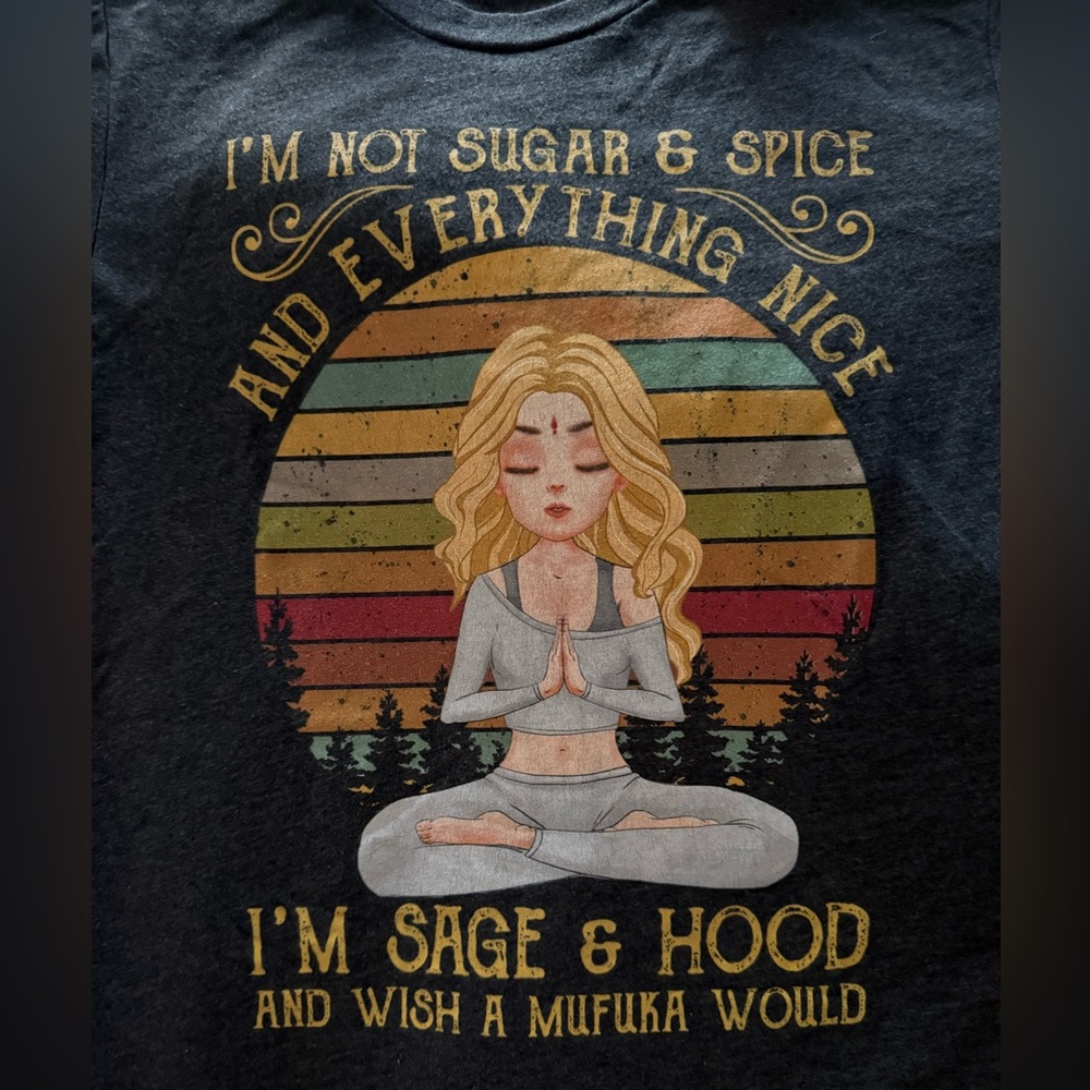 Sage & Hood Graphic Yoga Tee - Black with Retro Sunset